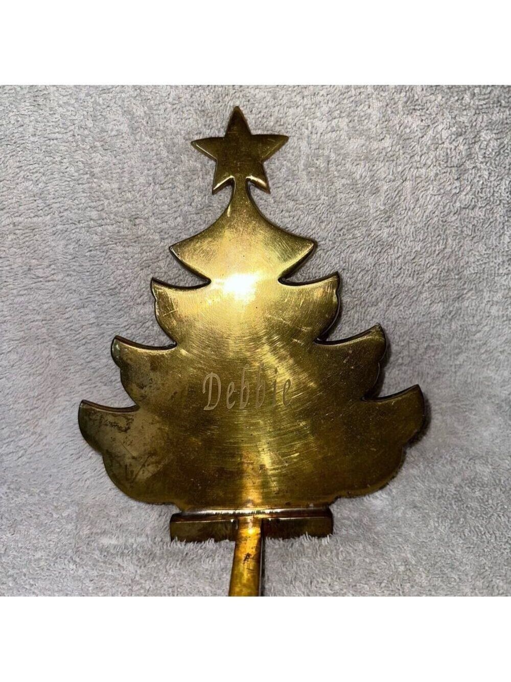 Vintage Solid Brass Tree Silhouette Christmas Stocking Hanger Flat Etched Debbie